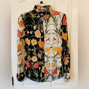 Ciño Cotton Floral Button Down Shirt Crinkle Voile Fabric w Button Detail Med.